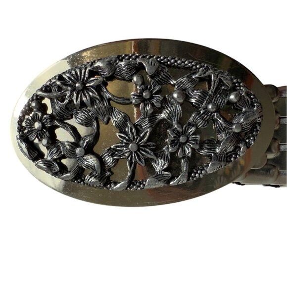 Retro Mermaid Scale Stretch Belt Size L to XL Silver Floral Buckle VTG 80s Cinch - Picture 4 of 13